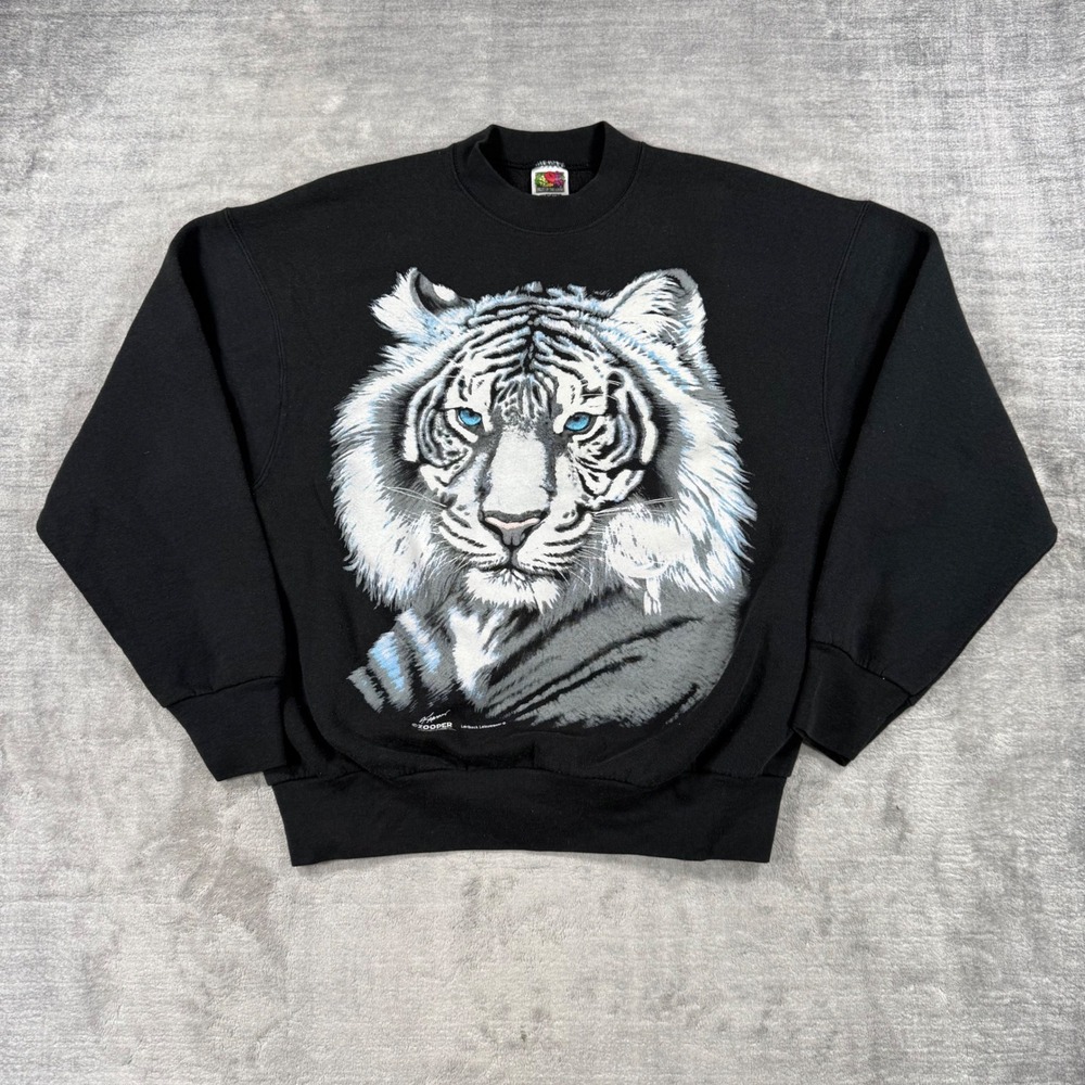 White Tiger Sweatshirt Mens Large Black Vintage 90s Nature African Lion Safari